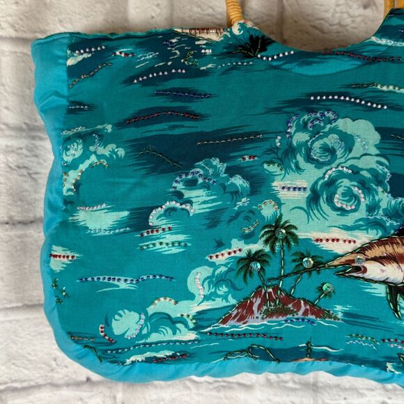 VTG Marlin Tropical Hawaiian Beaded Tote Handbag Purse Swordfish Bamboo Handles - Picture 5 of 16